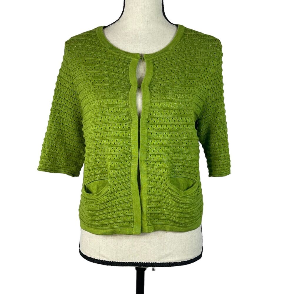 Chico's SZ 0 (Small) Crop Cardigan Sweater Stretch Elbow Sleeves Hook 'n Eye